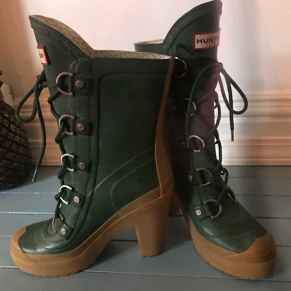 Hunter Rain Boots with Heels and Lace up (Green)